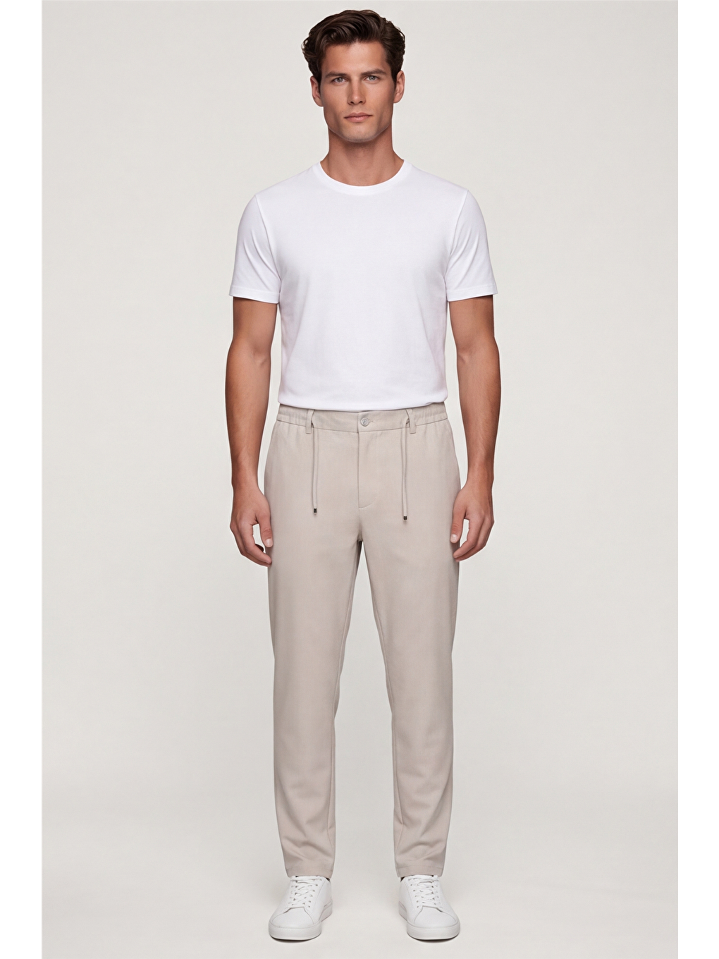 Bej Erkek Taş Normal Kesim Regular Fit Pamuklu Armürlü Bel Lastikli Jogger Pantolon-1