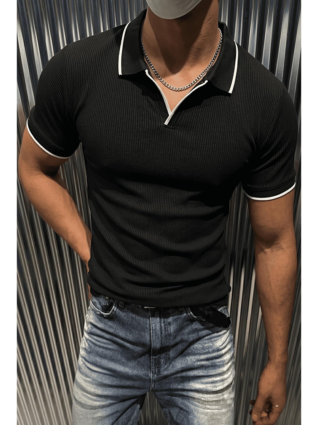 Siyah Morry Modern Fit Ribana Detaylı Polo Yaka Tişört