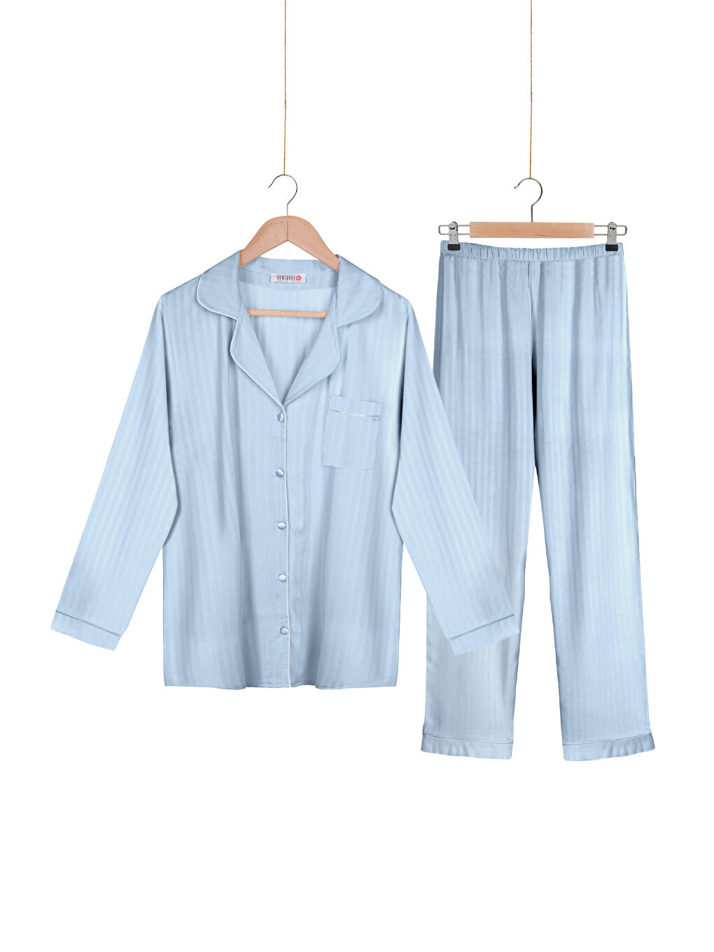 Mavi %100 Dokuma Viskon Düğmeli Uzun Kol Pijama Takımı