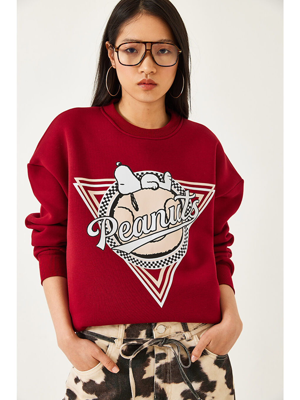 Bordo Kadın Üç İplik Şardonlu Baskılı Sweatshirt-3
