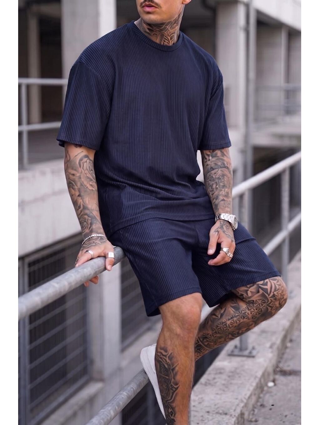 Lacivert Ches Ottoman Oversize Erkek Şort Tişört Takım-1