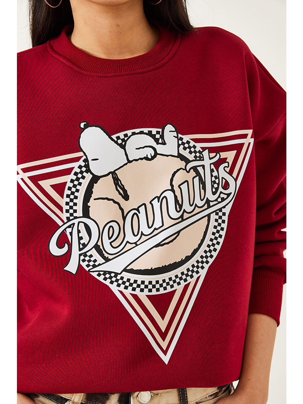 Bordo Kadın Üç İplik Şardonlu Baskılı Sweatshirt-4