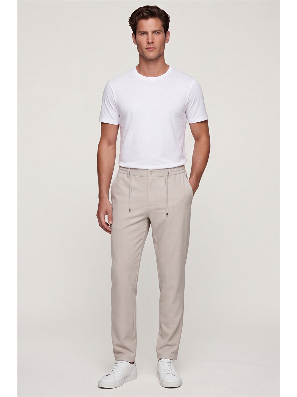 Bej Erkek Taş Normal Kesim Regular Fit Pamuklu Armürlü Bel Lastikli Jogger Pantolon-3