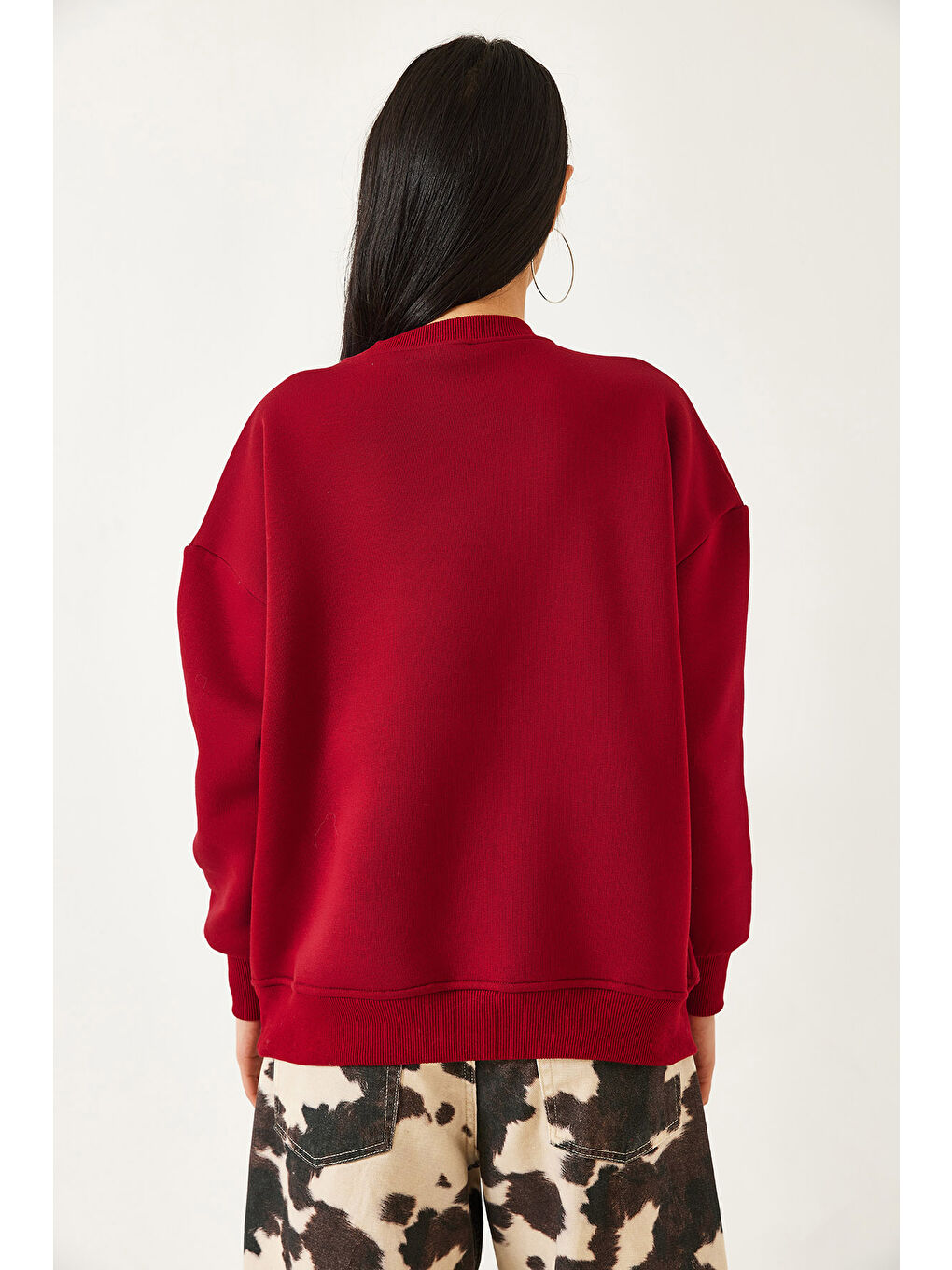 Bordo Kadın Üç İplik Şardonlu Baskılı Sweatshirt-5