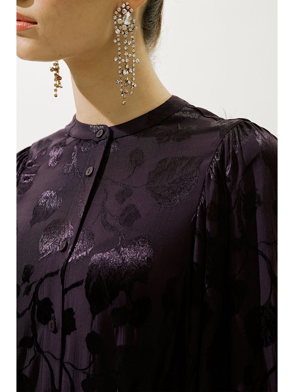 Jakarlı Saten Gömlek Mor-4