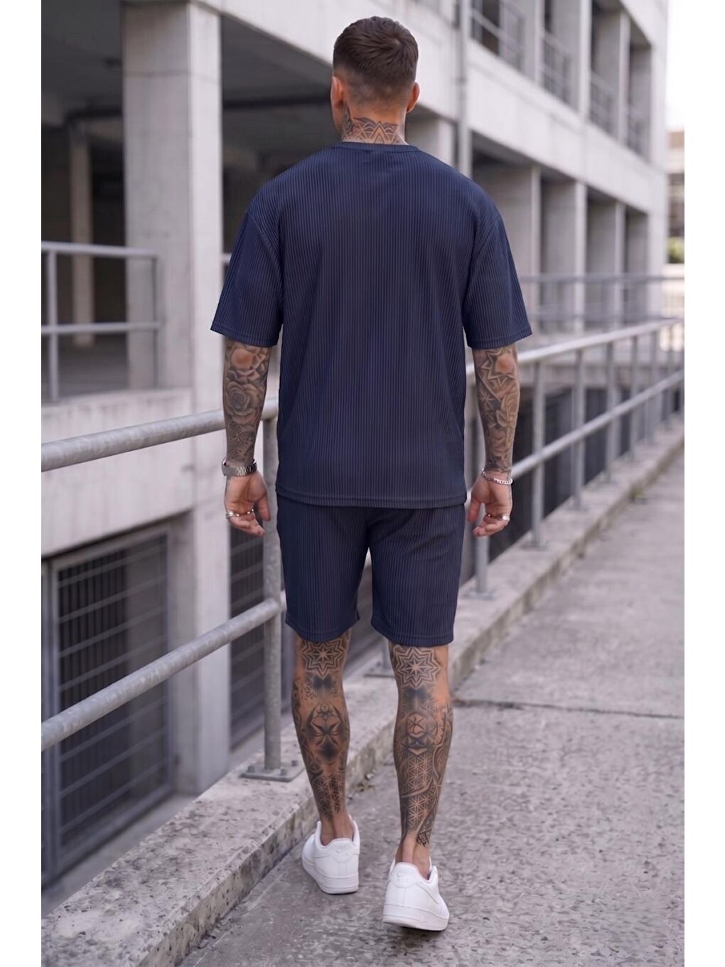 Lacivert Ches Ottoman Oversize Erkek Şort Tişört Takım-2