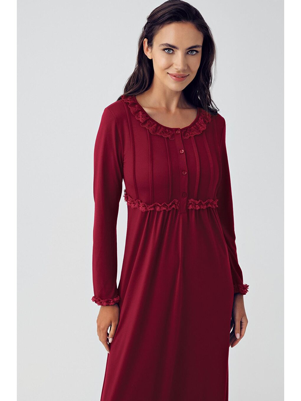Bordo Düğmeli Uzun Kollu Esnek Viskon Gecelik 15121-1