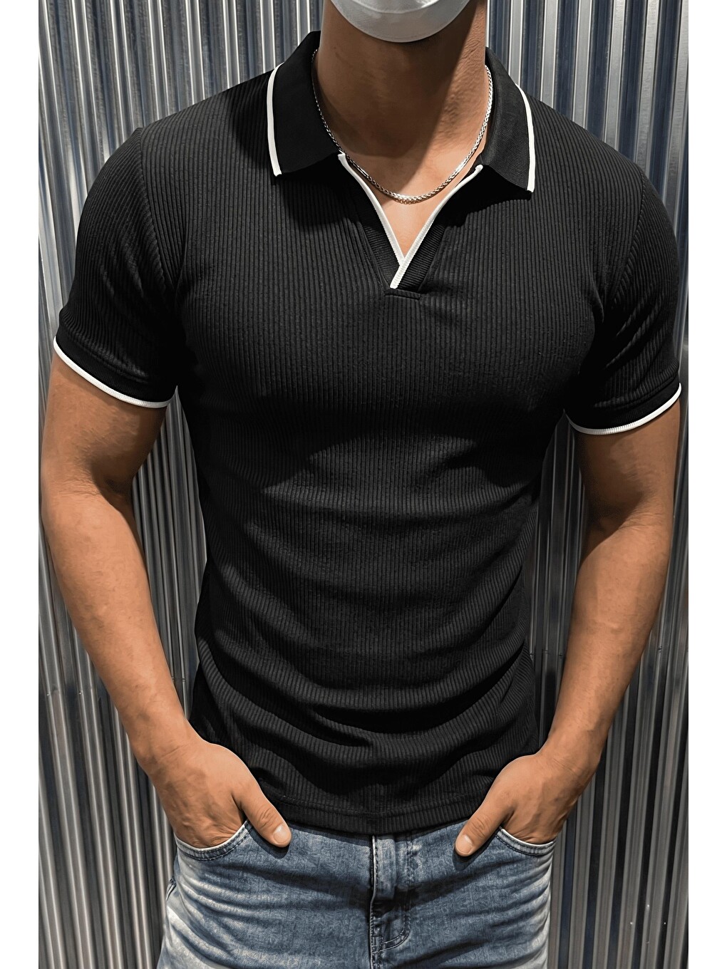 Siyah Morry Modern Fit Ribana Detaylı Polo Yaka Tişört-1
