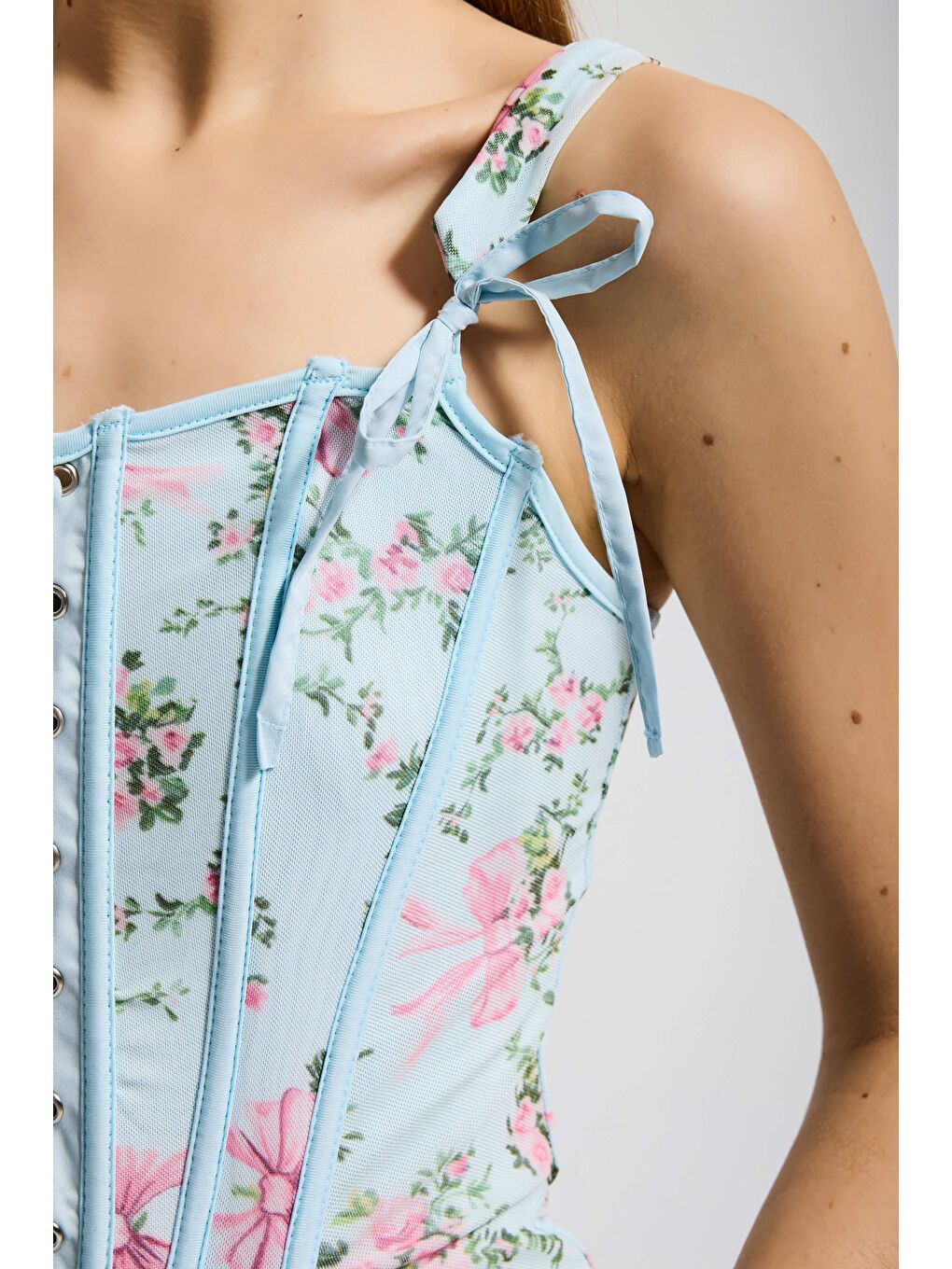 Kadın Mavi w5 Balenli Crop Çiçek Desenli Dantel Detaylı Özel Tasarım Büstiyer-3