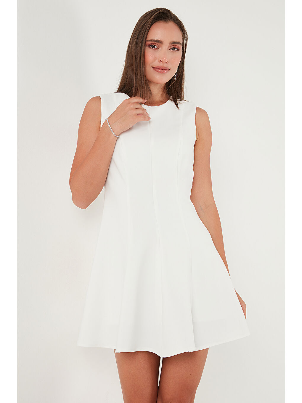 Ekru Regular Fit Bisiklet Yaka Volanlı Mini Boy Elbise 6525647-3