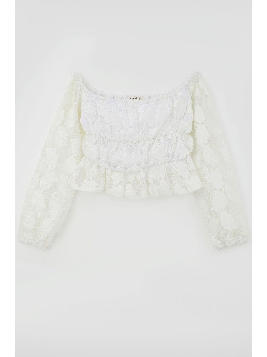 Kız Çocuk Uzun Kollu Dantelli Crop Bluz Yaprak Desenli Beyaz (9-14 Yaş)