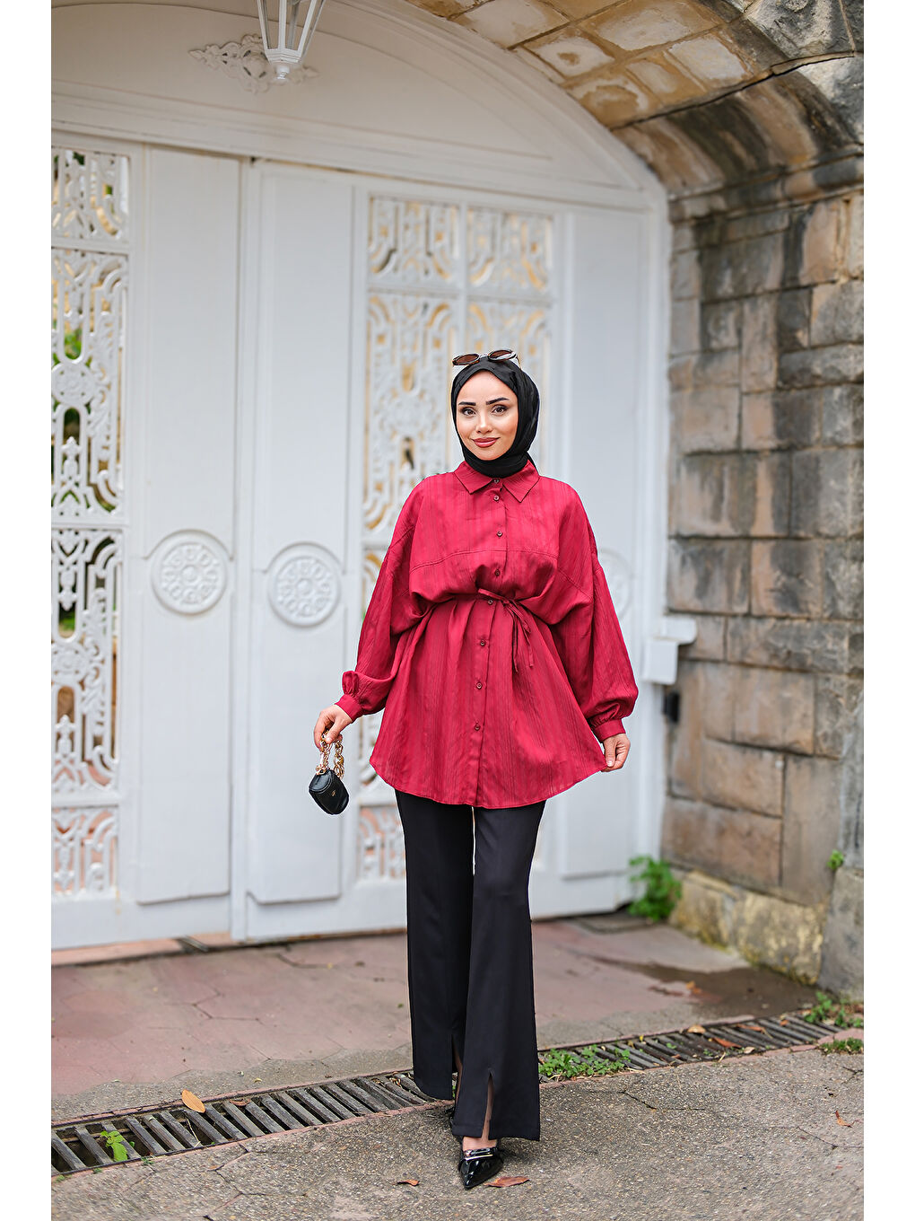 Kadın Asimetrik Çizgili Gömlek Bordo-1