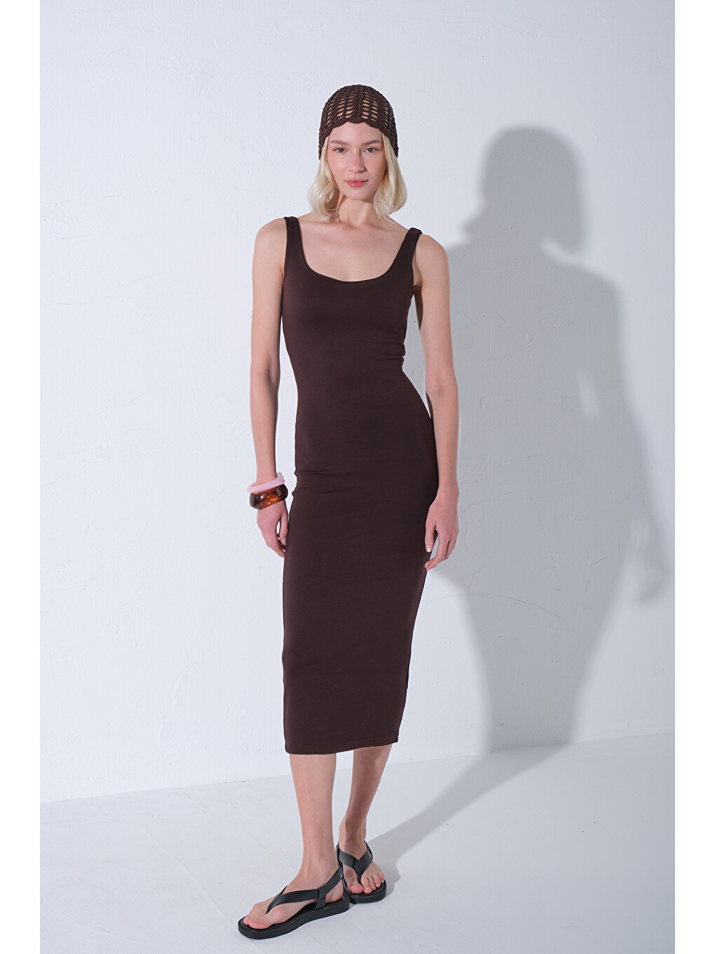 Kahverengi Örme Soft Touch Premium Geniş Askılı Örme Midi Elbise @Calabria-2