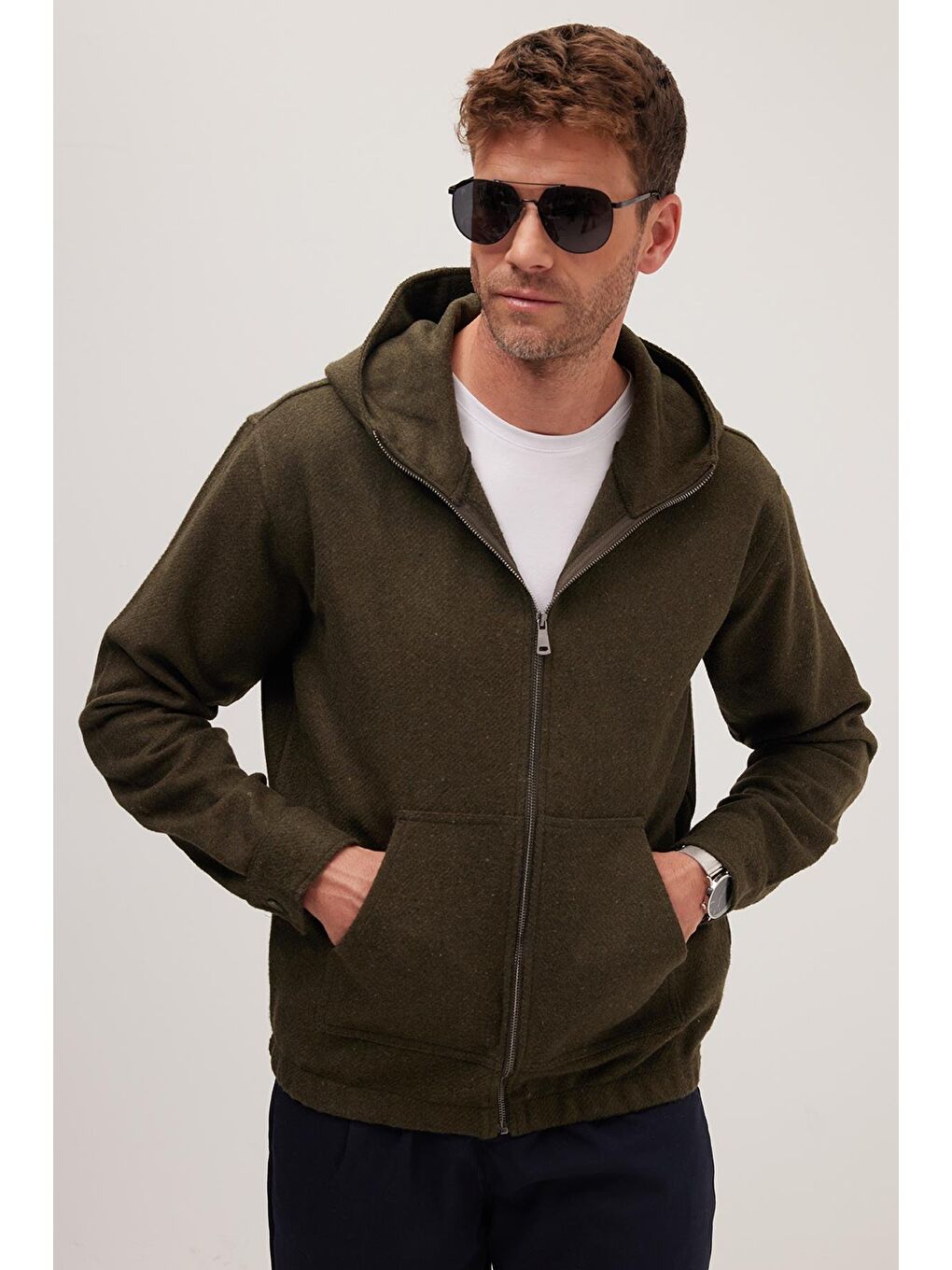 Erkek Relax Fit Rahat Kesim Fermuarlı Çift Cep Kapüşonlu Haki Sweatshirt-1