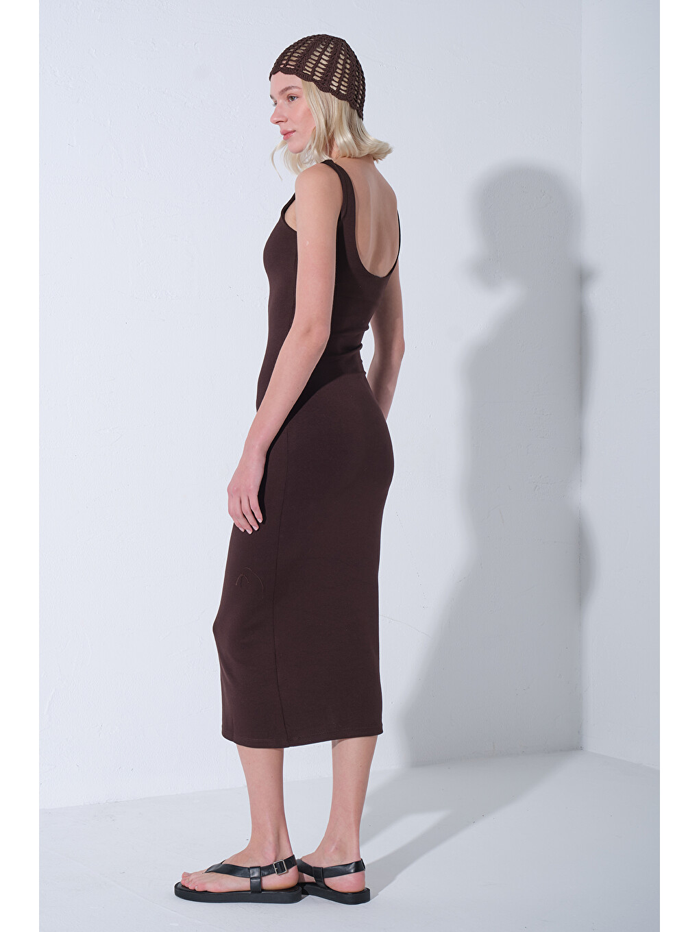 Kahverengi Örme Soft Touch Premium Geniş Askılı Örme Midi Elbise @Calabria-3