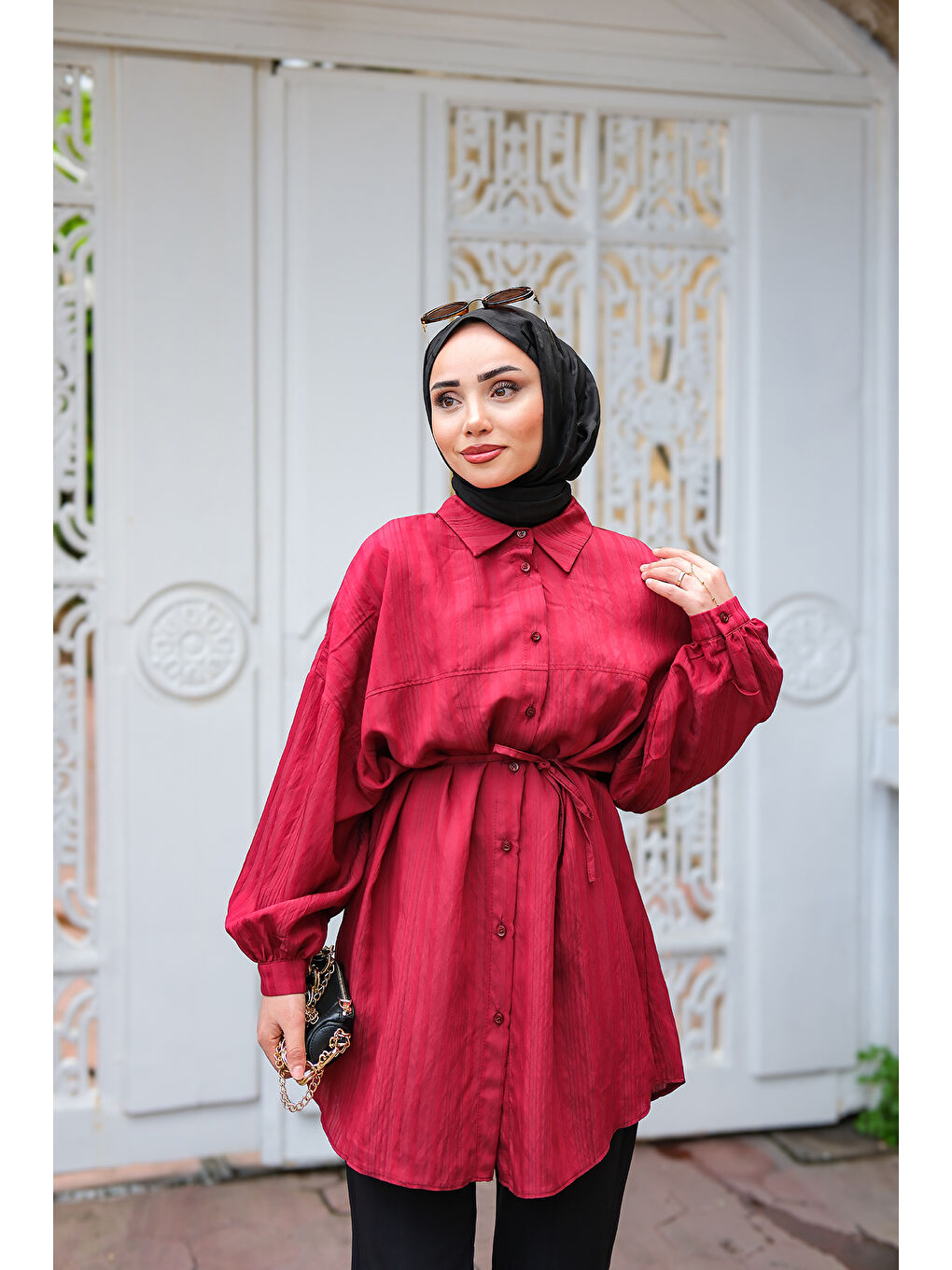 Kadın Asimetrik Çizgili Gömlek Bordo-2