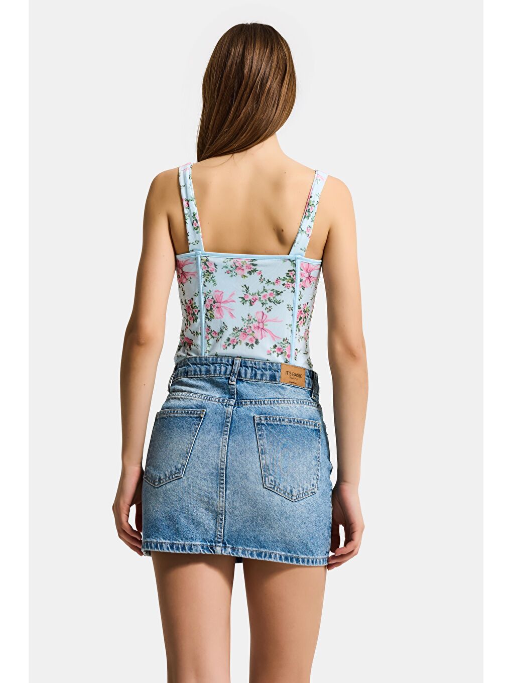 Kadın Mavi w5 Balenli Crop Çiçek Desenli Dantel Detaylı Özel Tasarım Büstiyer-4