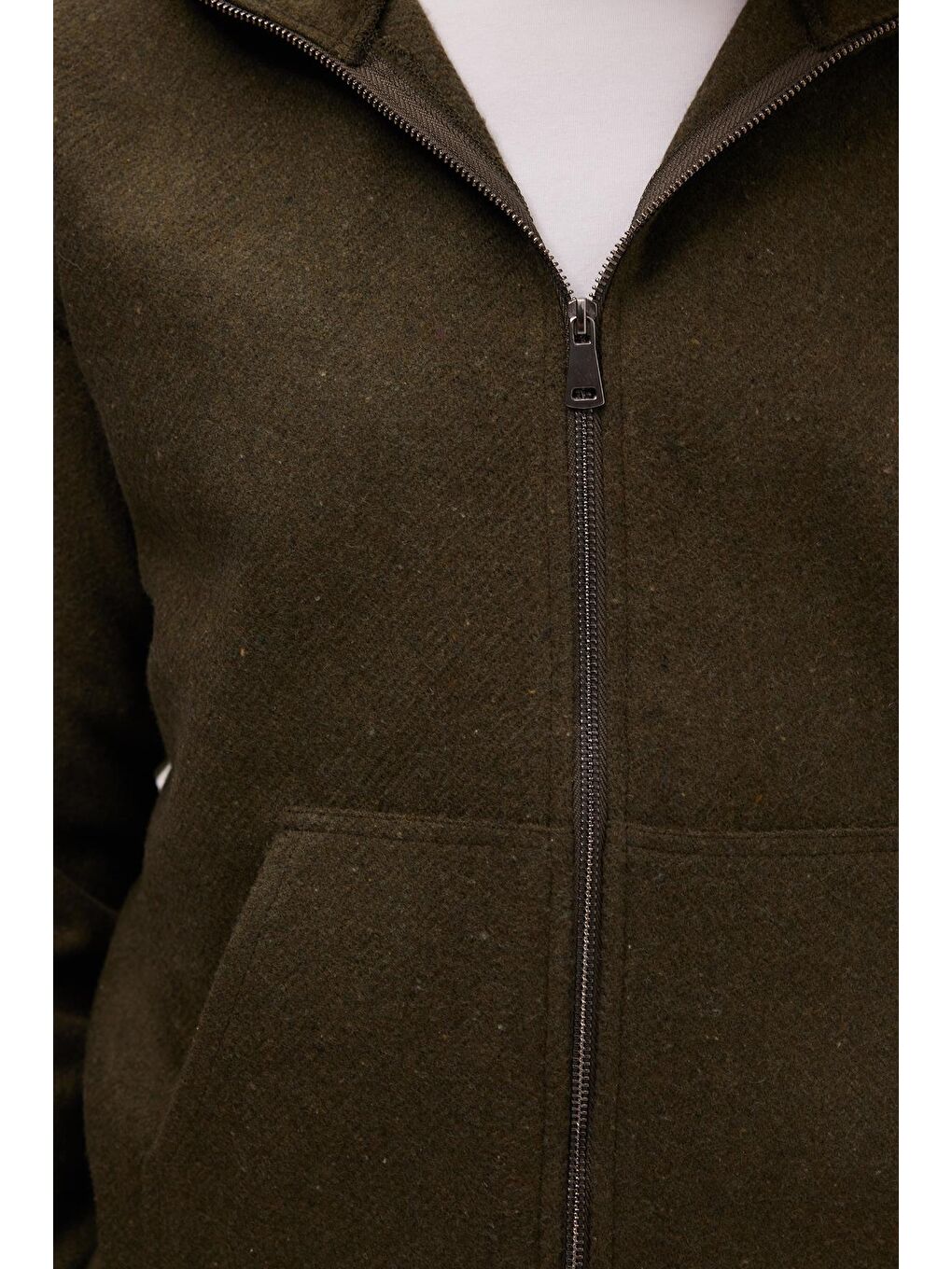 Erkek Relax Fit Rahat Kesim Fermuarlı Çift Cep Kapüşonlu Haki Sweatshirt-2