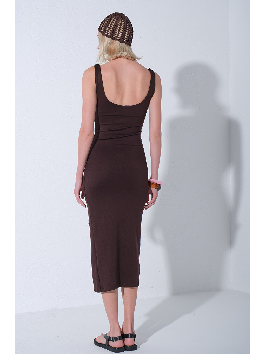 Kahverengi Örme Soft Touch Premium Geniş Askılı Örme Midi Elbise @Calabria-4