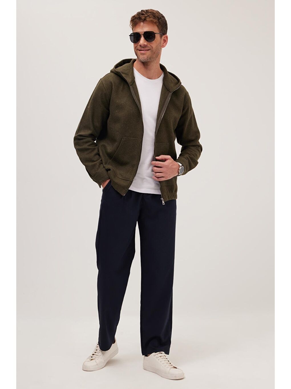 Erkek Relax Fit Rahat Kesim Fermuarlı Çift Cep Kapüşonlu Haki Sweatshirt-3