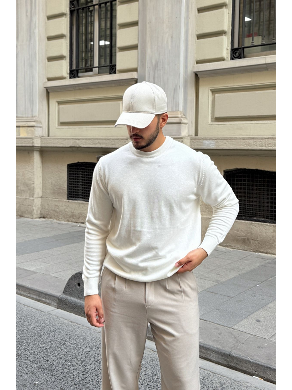 Beyaz Acton Erkek %100 Organik Pamuk Bisiklet Yaka Triko Kazak