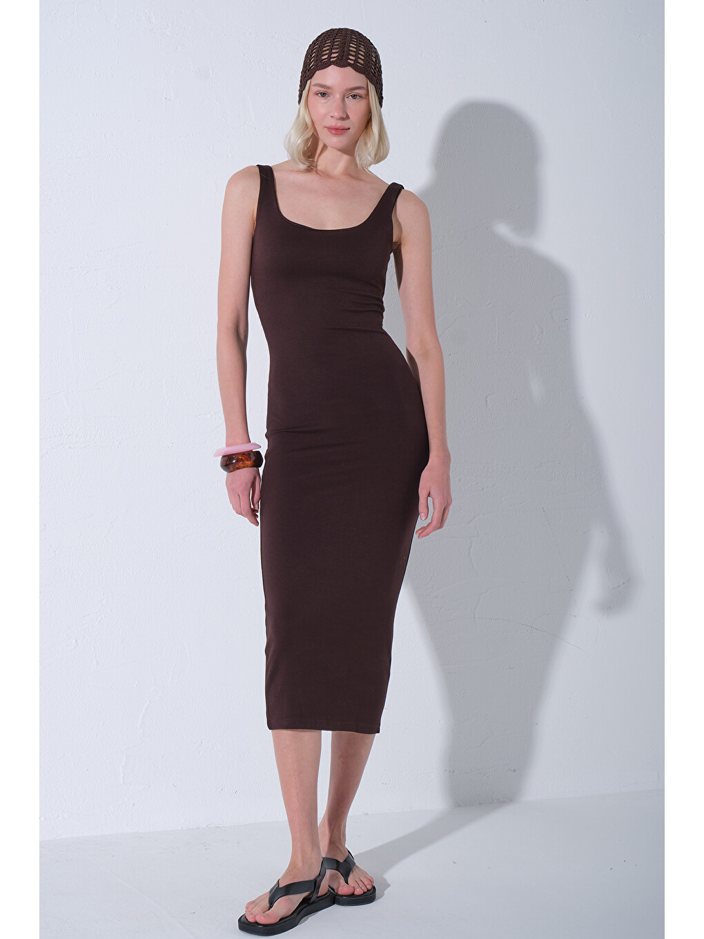 Kahverengi Örme Soft Touch Premium Geniş Askılı Örme Midi Elbise @Calabria-5