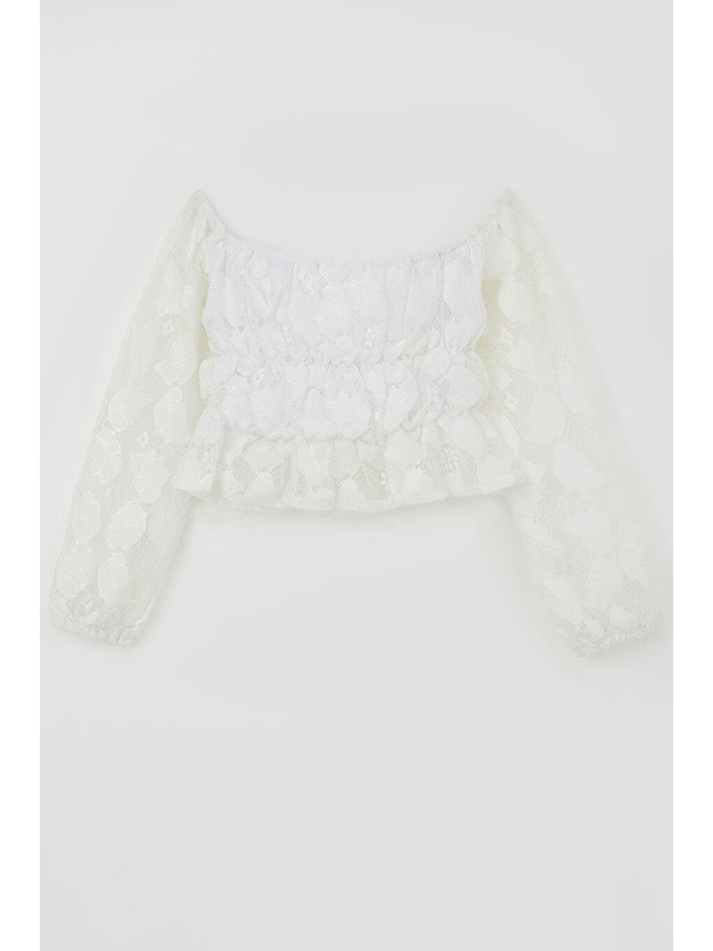 Kız Çocuk Uzun Kollu Dantelli Crop Bluz Yaprak Desenli Beyaz (9-14 Yaş)-1