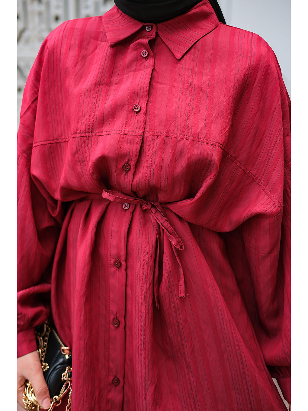 Kadın Asimetrik Çizgili Gömlek Bordo-3