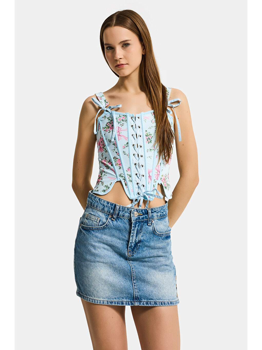 Kadın Mavi w5 Balenli Crop Çiçek Desenli Dantel Detaylı Özel Tasarım Büstiyer-5