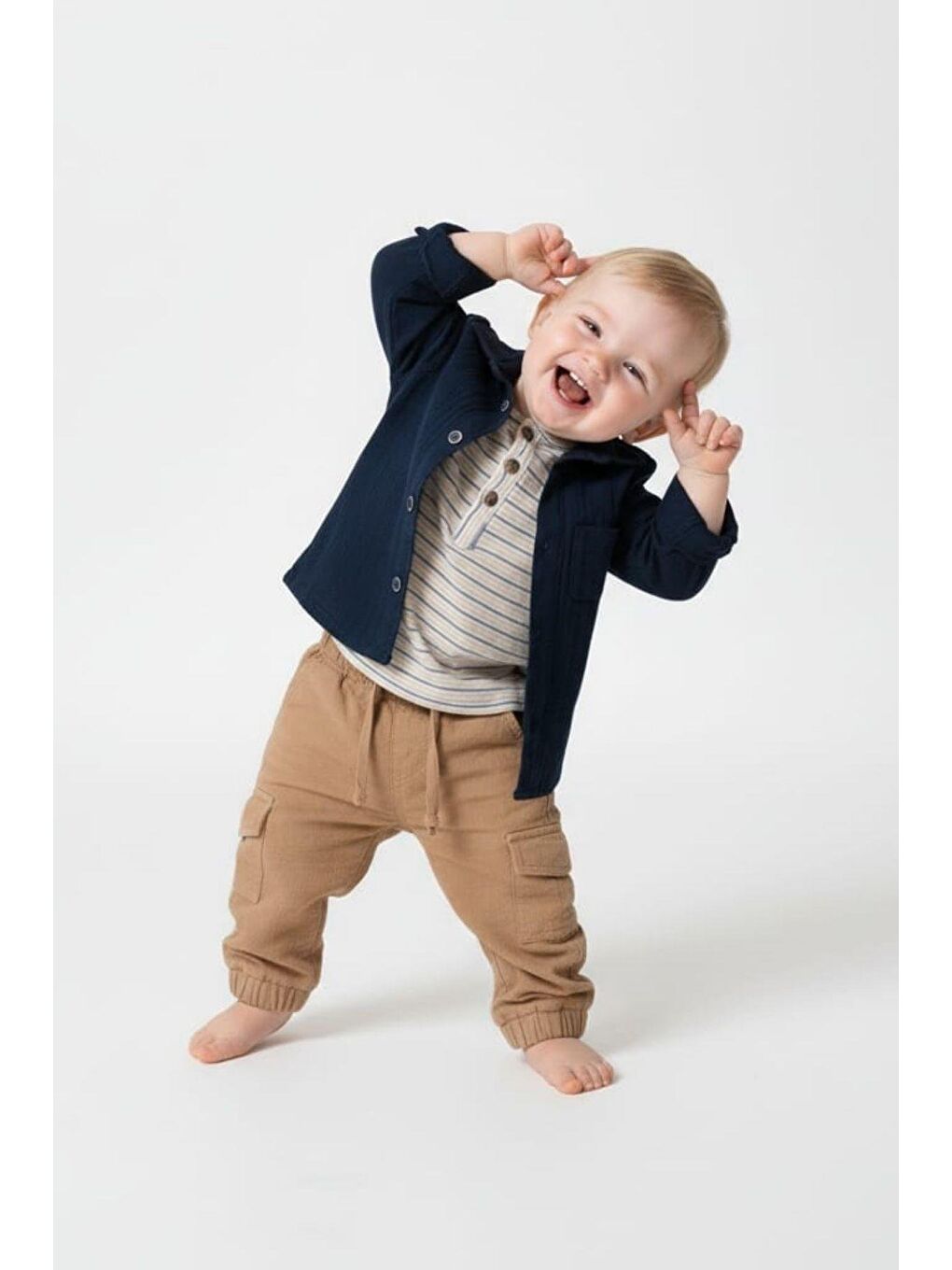 Lacivert Erkek Bebek Safari Tarzı Kargo Pantolonlu Takım-3