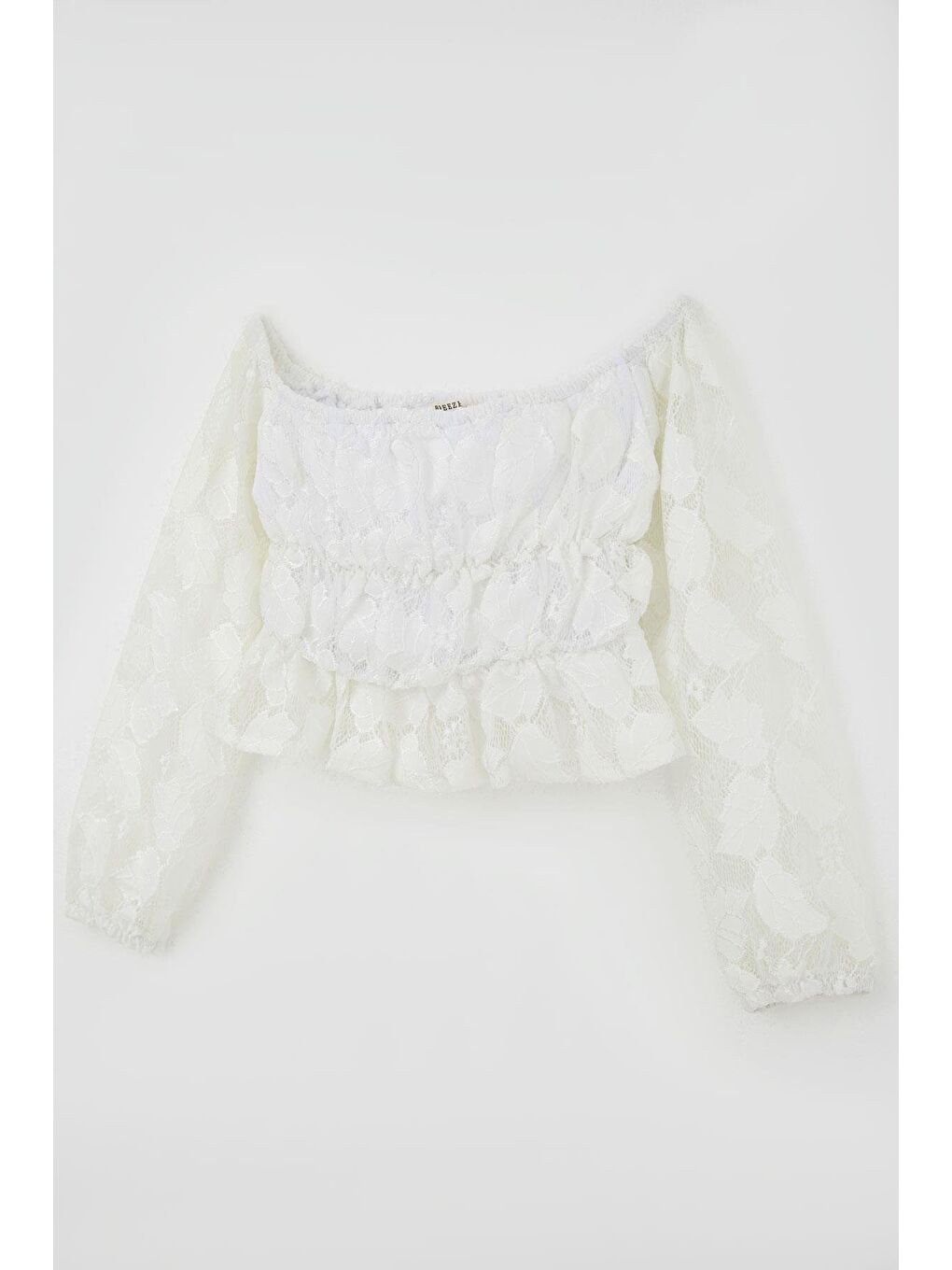 Kız Çocuk Uzun Kollu Dantelli Crop Bluz Yaprak Desenli Beyaz (9-14 Yaş)-2