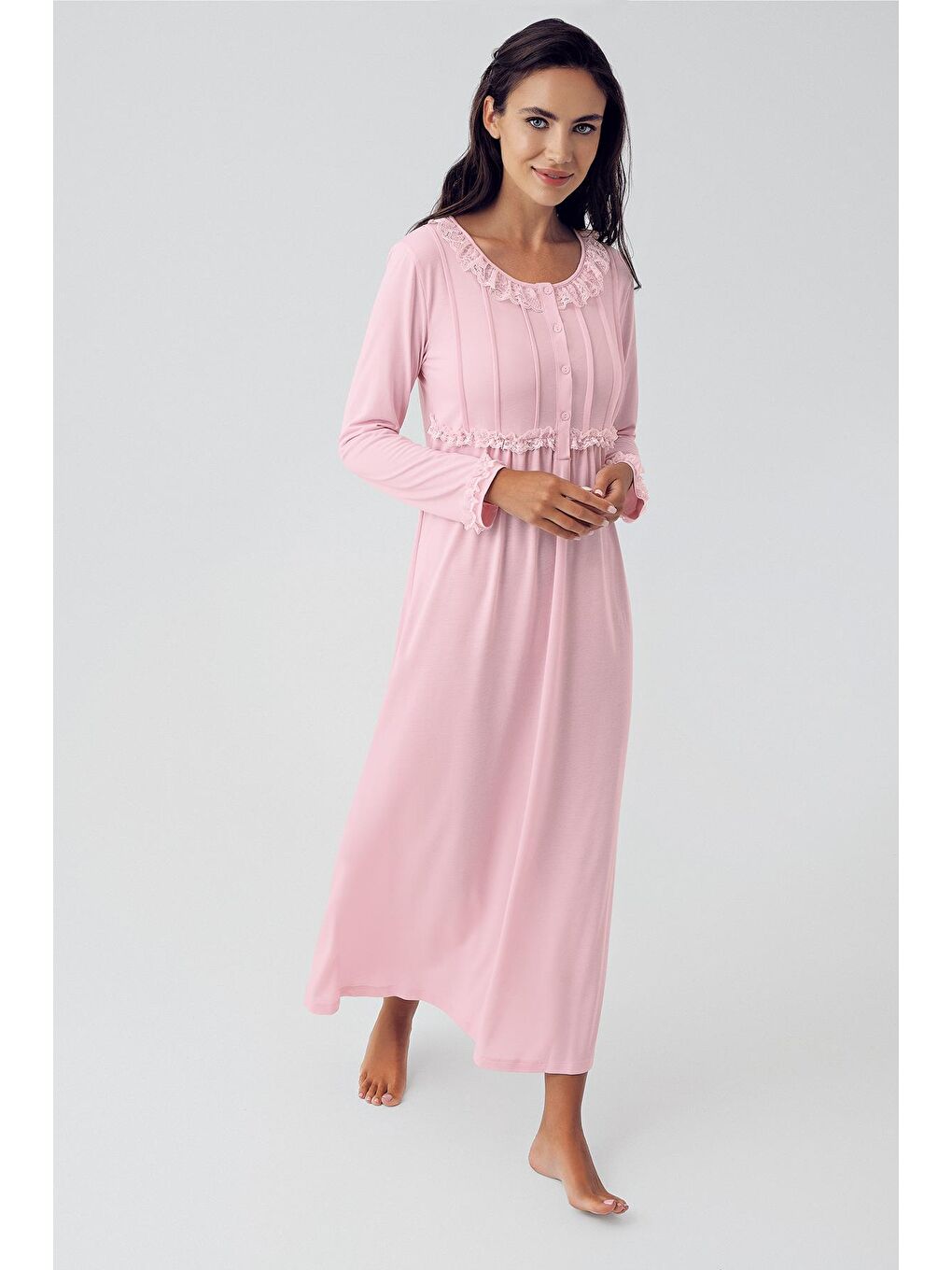 Pembe Düğmeli Uzun Kollu Esnek Viskon Gecelik 15121
