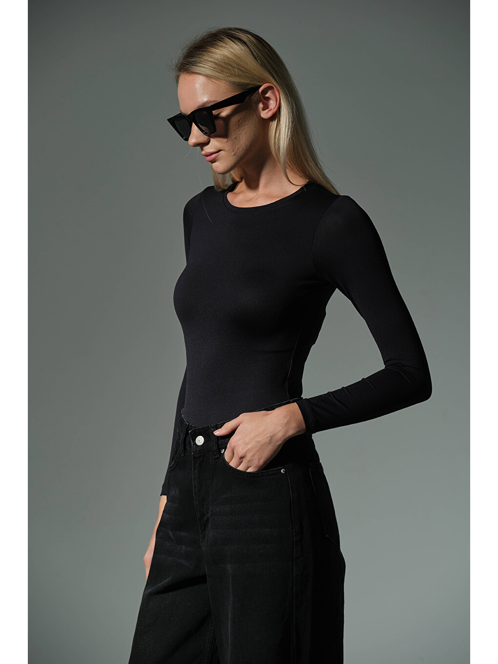 Siyah Örme Soft Premium Touch Bisiklet Yaka Uzun Kol Çıtçıtlı Bluz Body @Baltimore-1