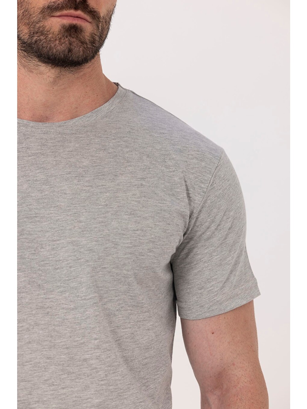 Gri %100 Pamuk Bisiklet Yaka Düz Renk Basic T-shirt-3