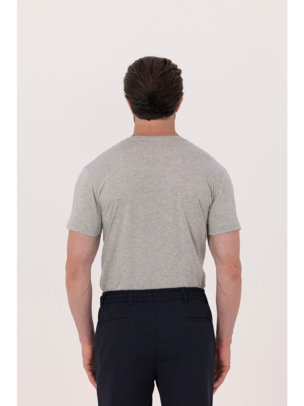 Gri %100 Pamuk Bisiklet Yaka Düz Renk Basic T-shirt-4
