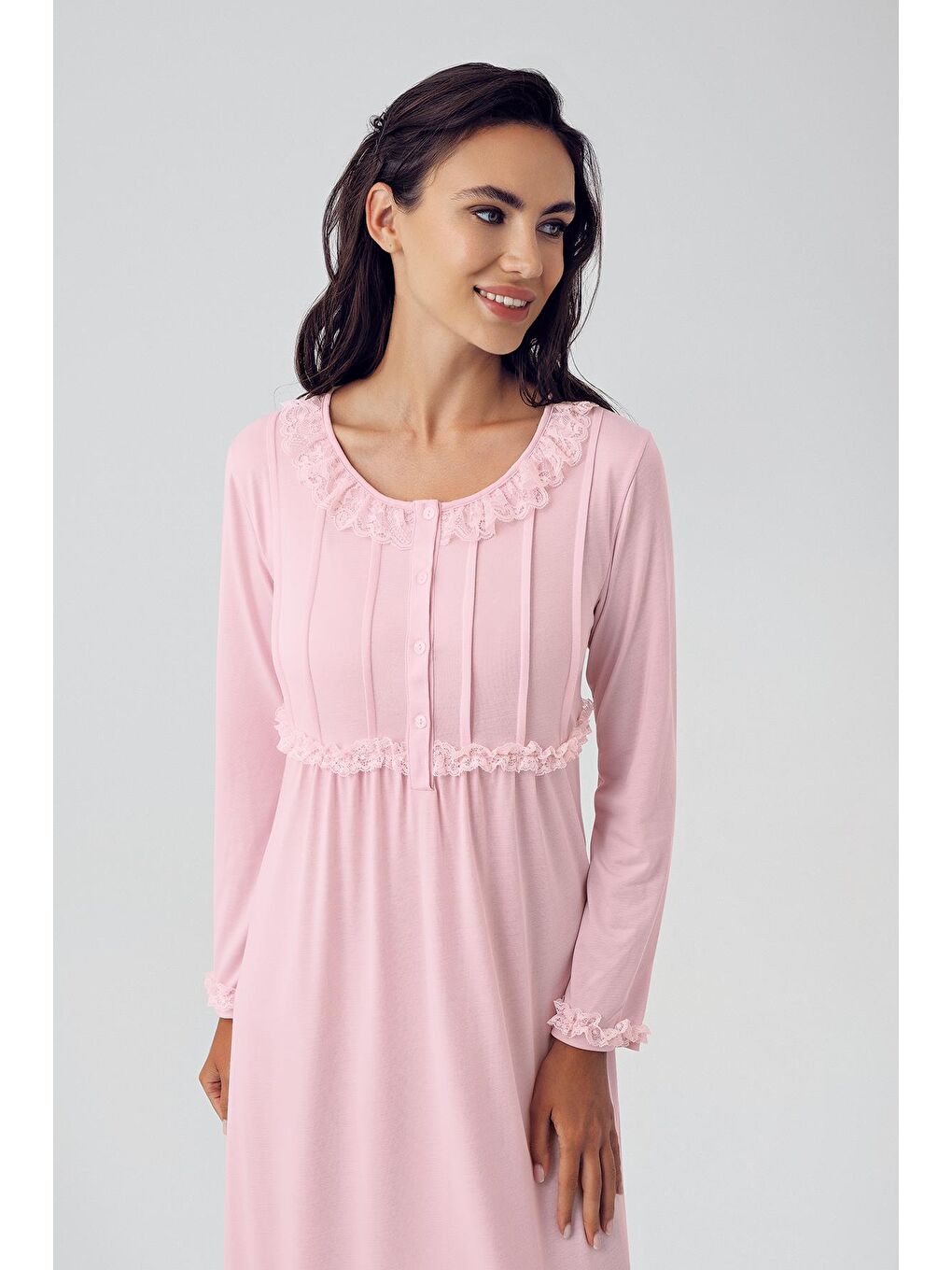 Pembe Düğmeli Uzun Kollu Esnek Viskon Gecelik 15121-1