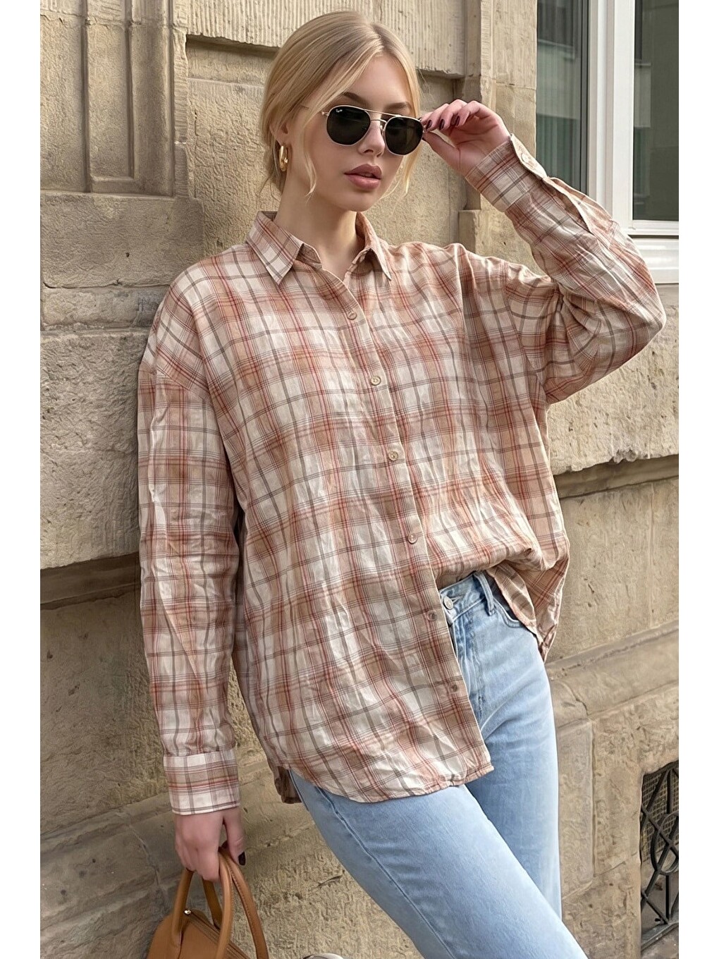 Bej Basic Kare Desenli Kadın Gömlek Mg2828-1