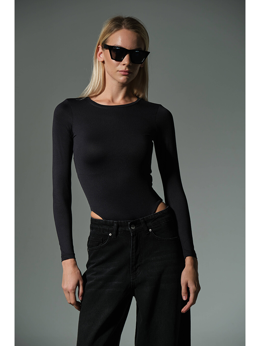 Siyah Örme Soft Premium Touch Bisiklet Yaka Uzun Kol Çıtçıtlı Bluz Body @Baltimore-5