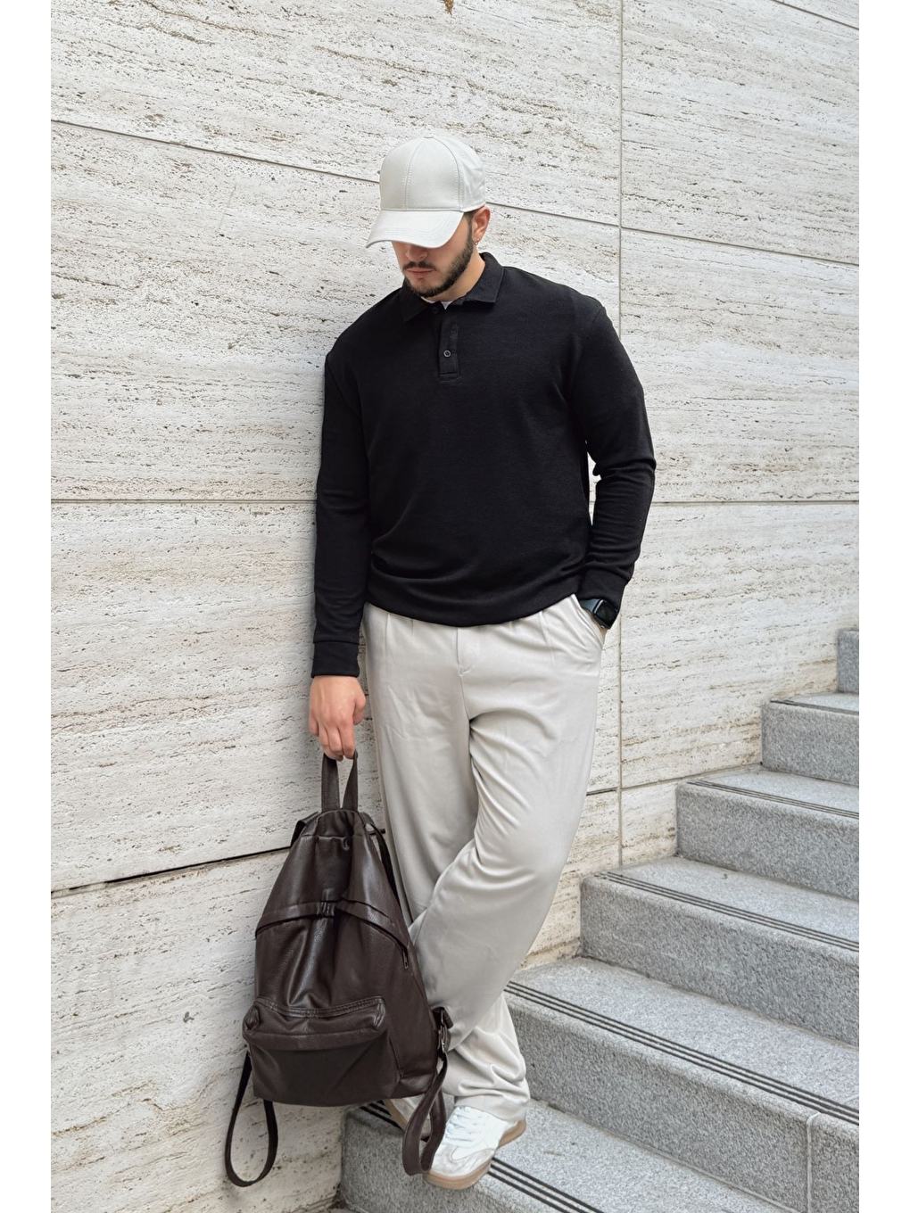 Siyah Cali Erkek Regular Fit Polo Yaka Uzun Kollu Sweatshirt Tişört-1
