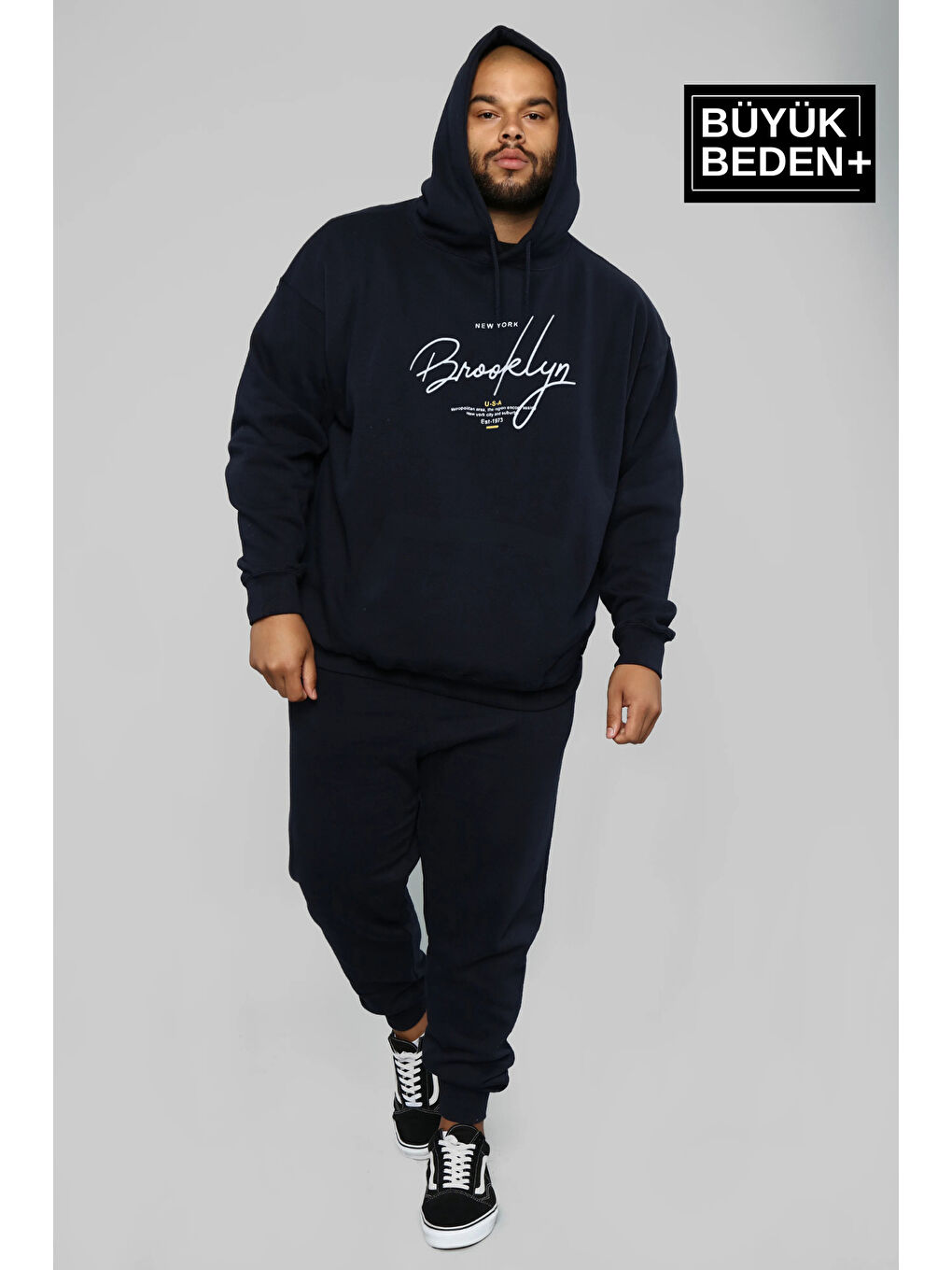 Lacivert El Yazılı Brooklyn Baskılı  İnce Kapüşonlu Erkek Büyük Beden Hoodie SPR25BSW58
