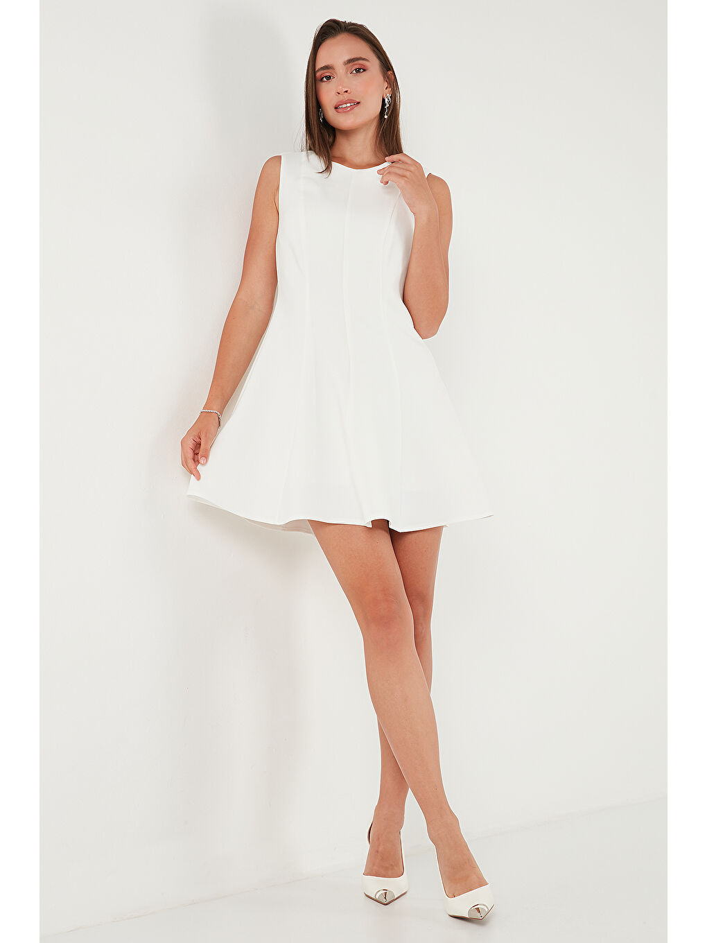 Ekru Regular Fit Bisiklet Yaka Volanlı Mini Boy Elbise 6525647-5