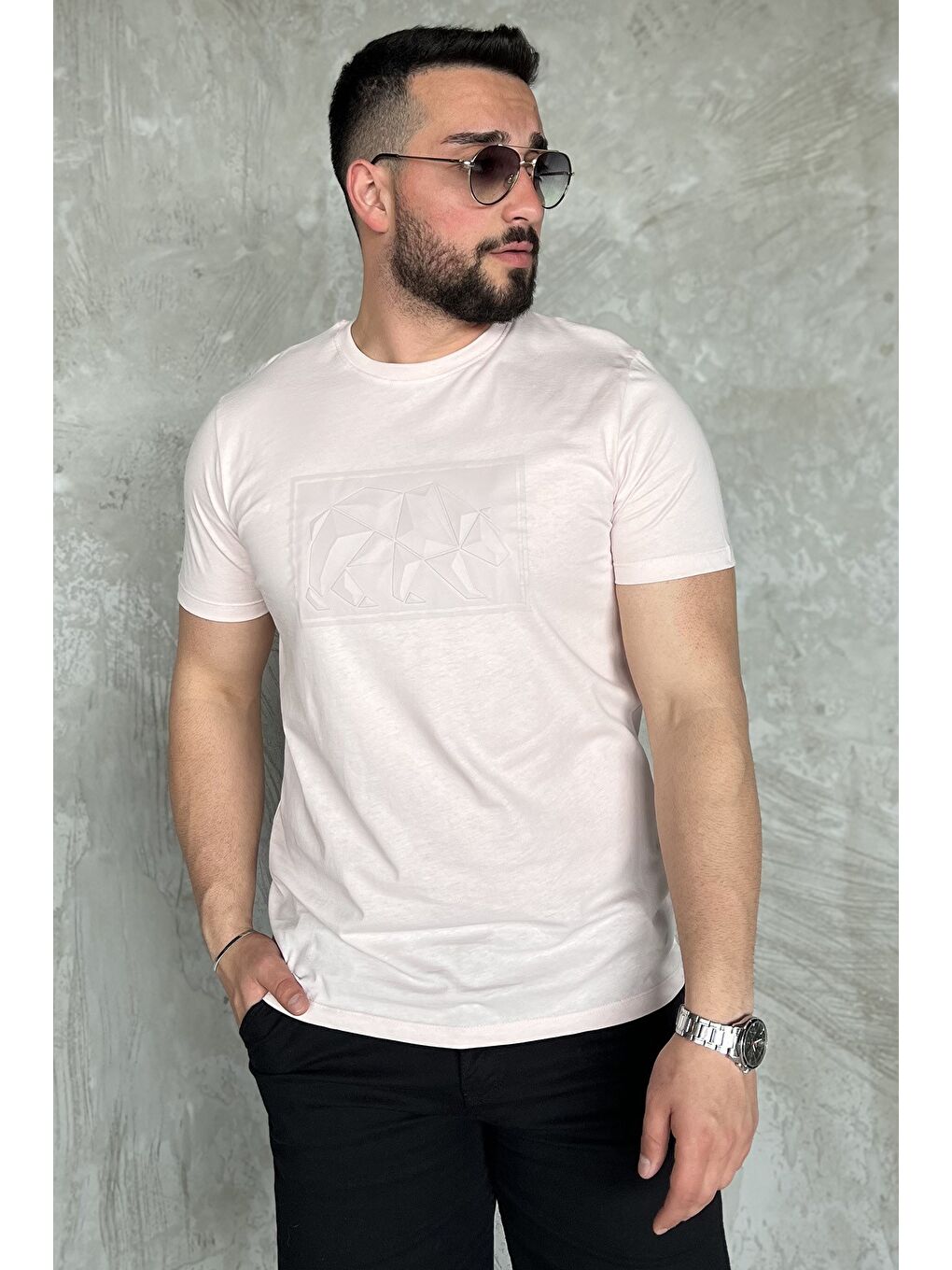 Pembe Erkek Bisiklet Yaka Baskılı Tişört