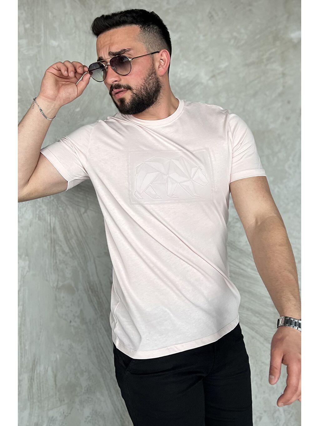 Pembe Erkek Bisiklet Yaka Baskılı Tişört-1