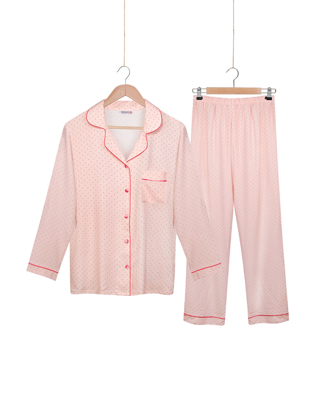 Pembe %100 Dokuma Viskon Düğmeli Uzun Kol Pijama Takımı