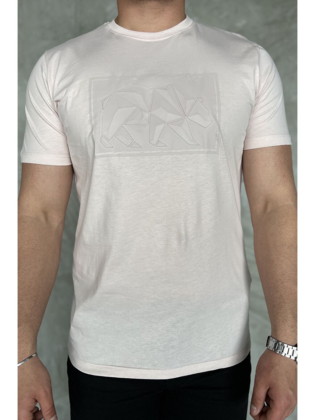 Pembe Erkek Bisiklet Yaka Baskılı Tişört-3