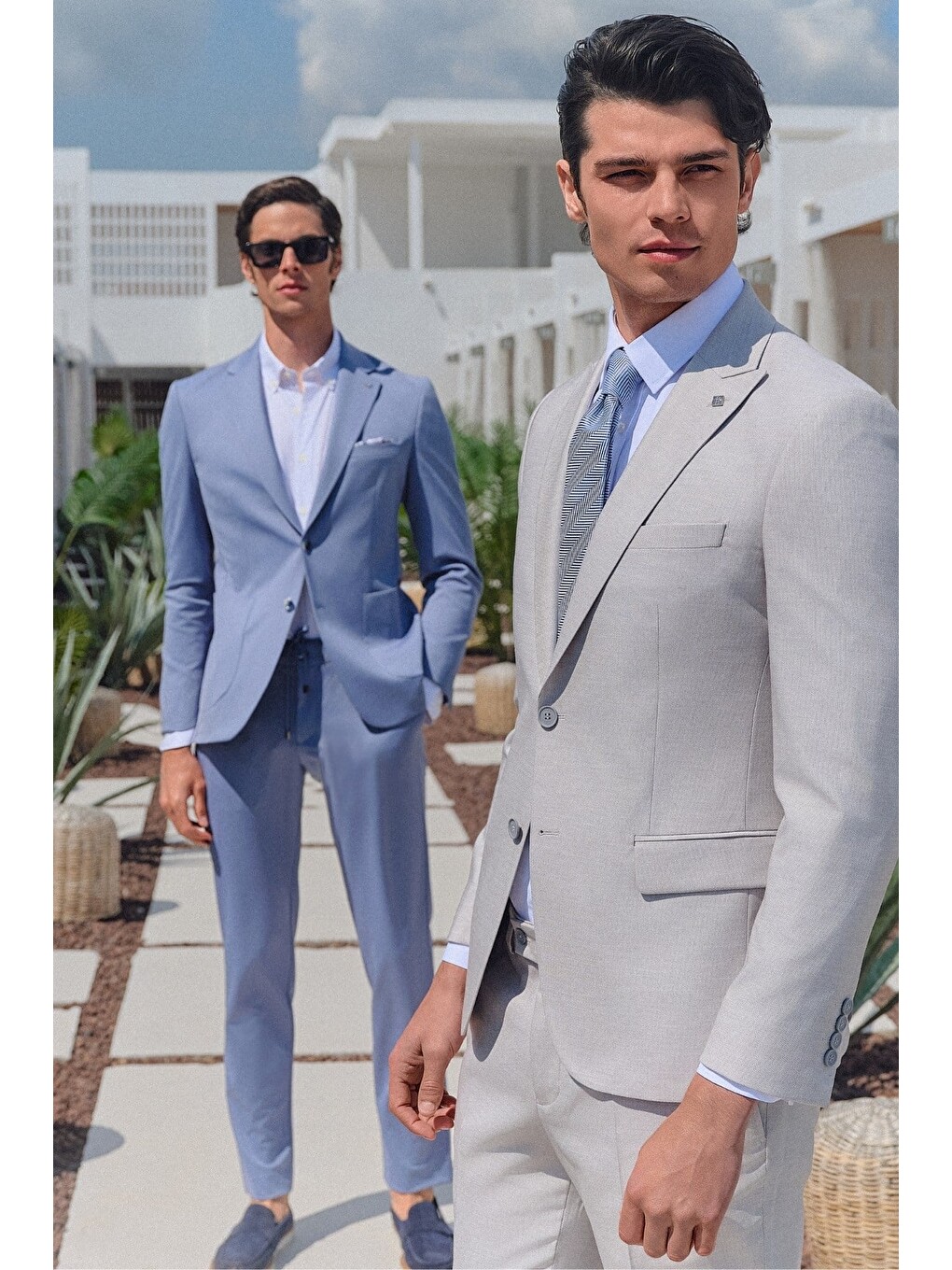 Mavi Kendinden Desenli Mono Yaka 6 Drop Slim Fit Takım Elbise 1001260165-1