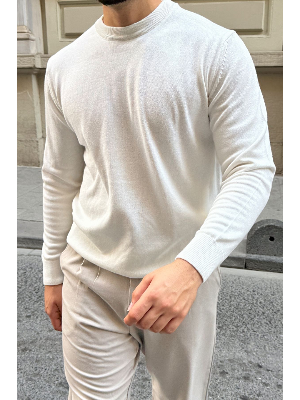 Beyaz Acton Erkek %100 Organik Pamuk Bisiklet Yaka Triko Kazak-2