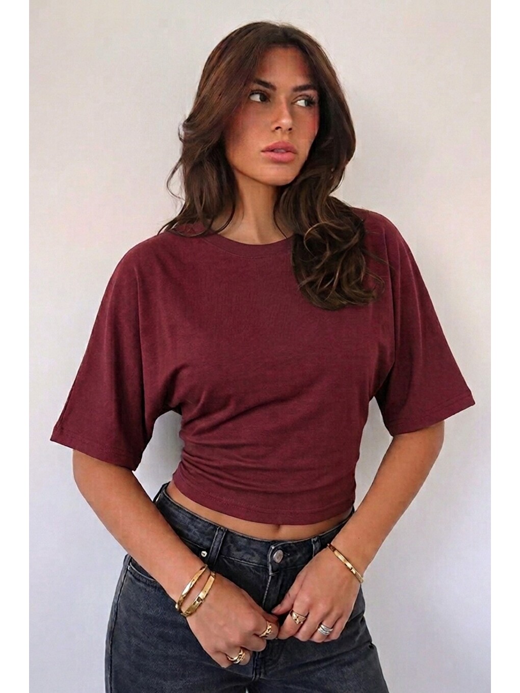 Bordo Kadın Yarasa Kol Belden Oturtmalı Crop Pamuklu Tişört
