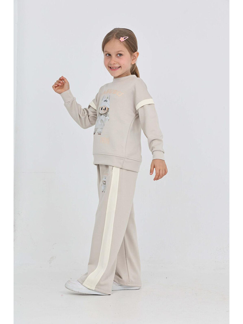 Ekru Kız Çocuk Oysho Kumaş Karakter Baskılı Geniş Paçalı Alt-Üst Takım 12306-2