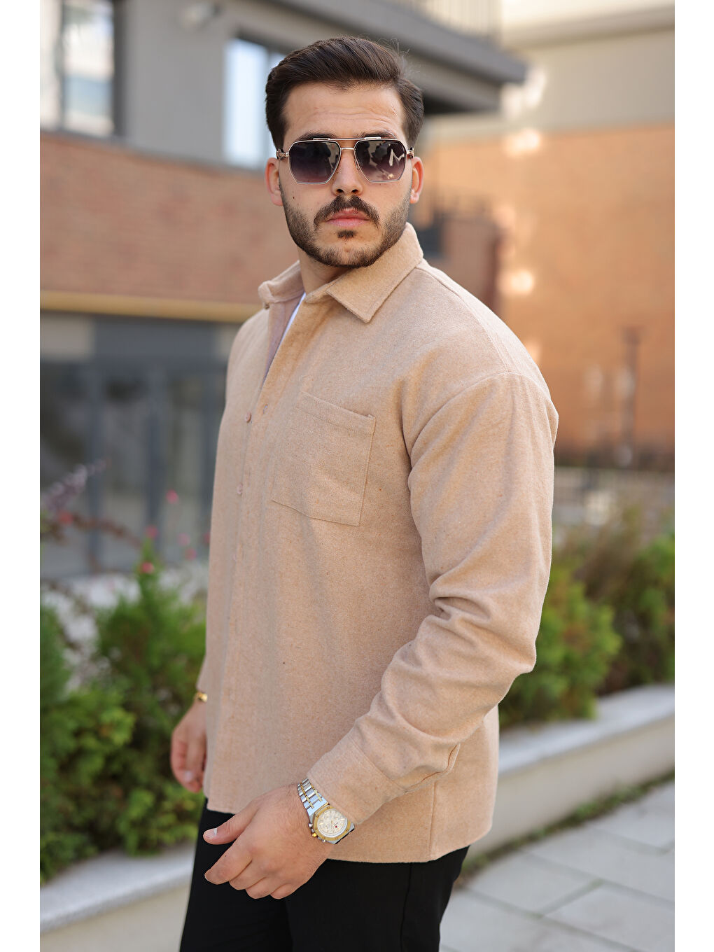 Bej Erkek Kışlık Günlük Basic Oduncu Taş Kaşe Ceket-1